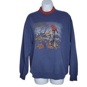 Vtg 90s Grandma Granny Core Cardinal Sweatshirt M Autumn Leaves Mock Neck Blue